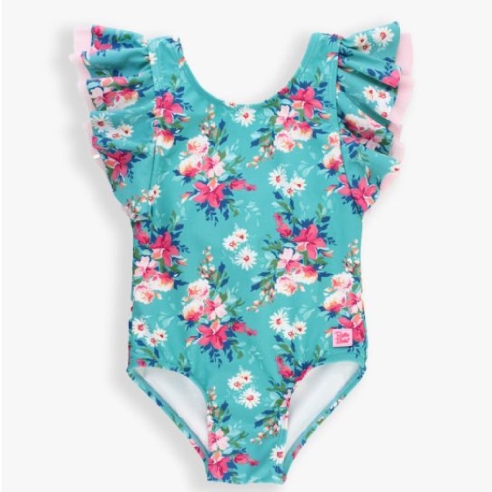 Ruffle Butts Teal Floral Swimsuit